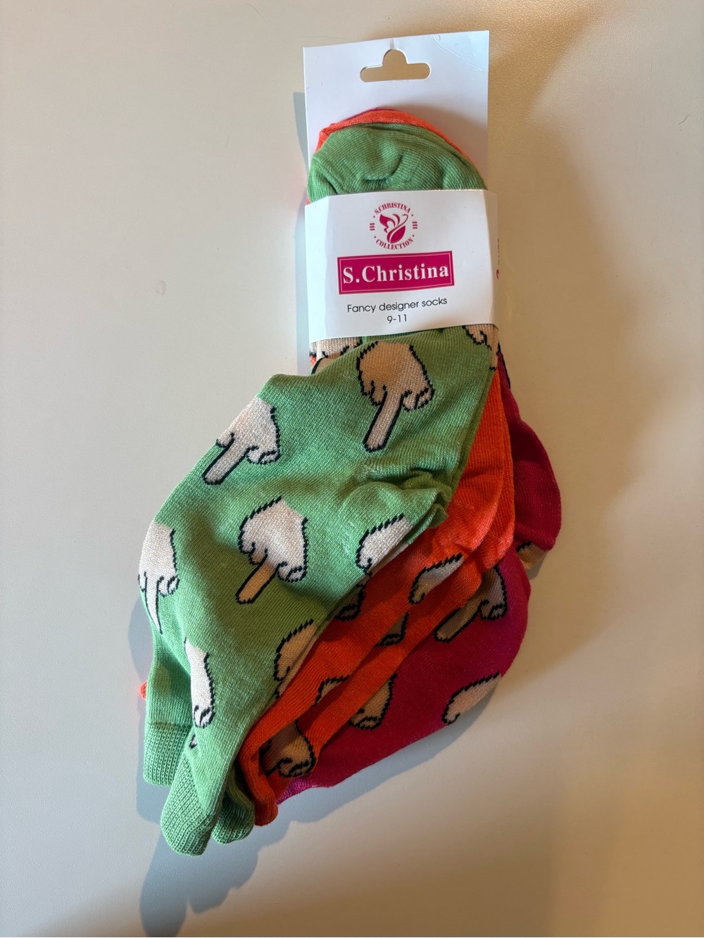 S. Christina FU Pattern Crew Socks - Green, Orange, Pink